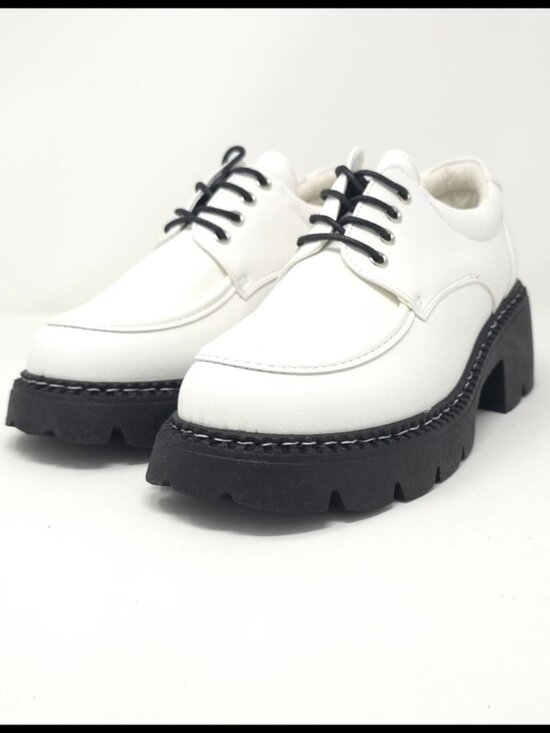 Forever Link Shoes - White Patent Brogue Lace up Faux Leather Loafers Chunky Black Lug Sole Oxfords
